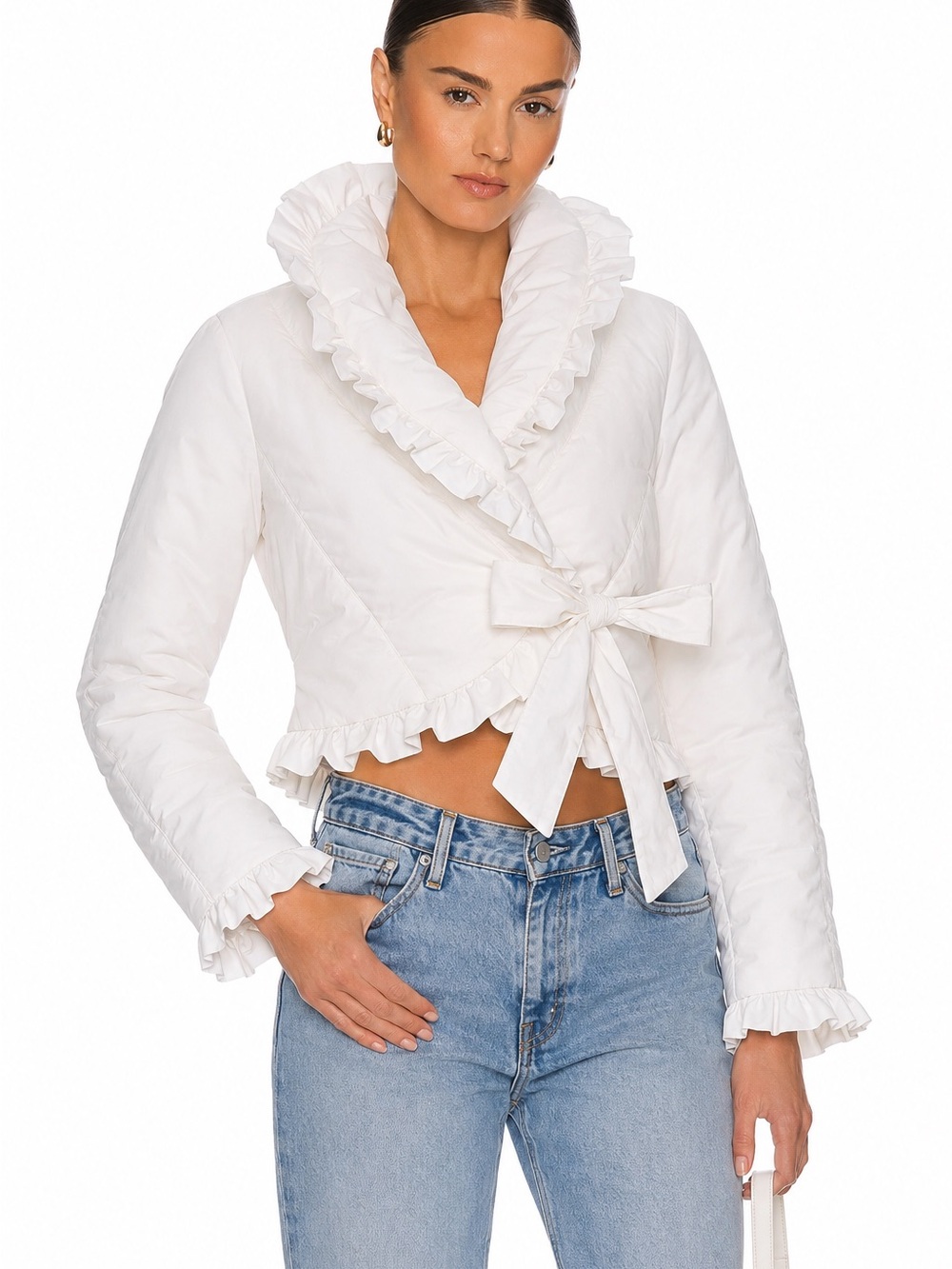 Arden B White Ruffle Trim Cropped Down Jacket Size Medium